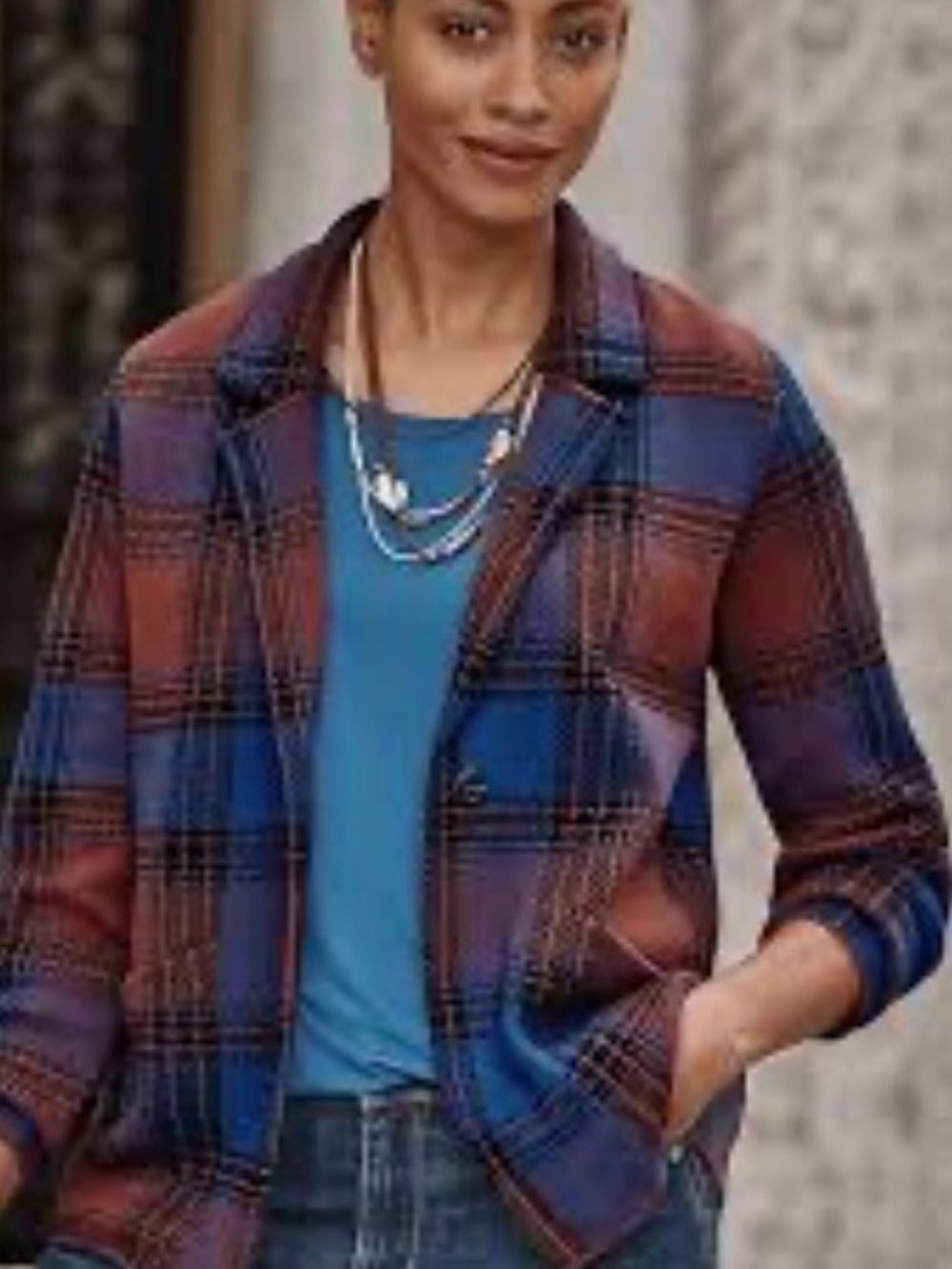 Wearever Plaid Sweater-Jacket from J.Jill size large browns & blues with pockets